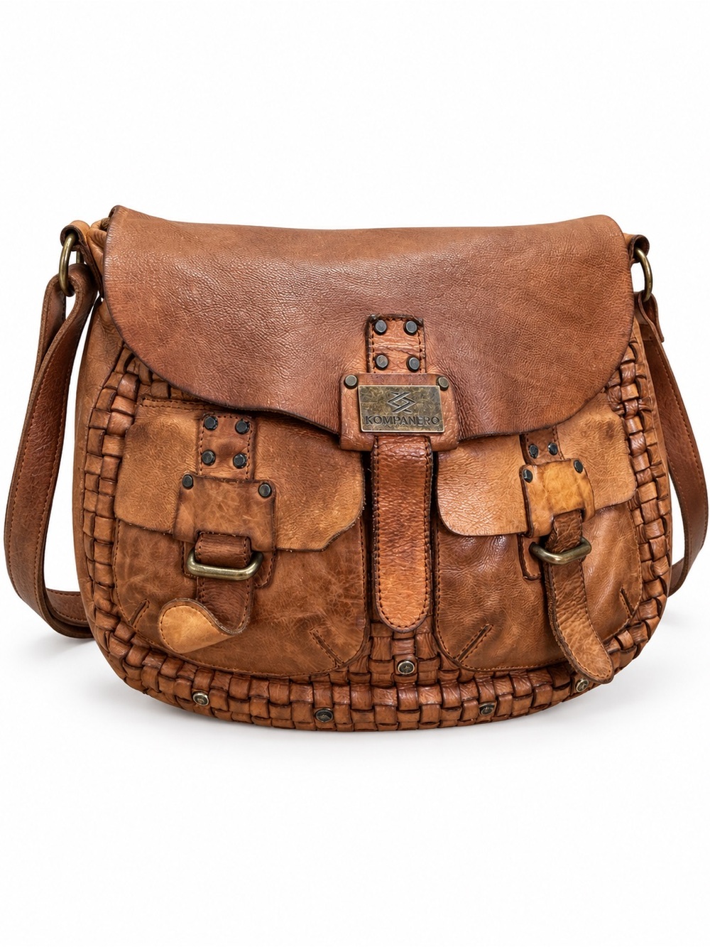 Kompanero Distressed Woven Leather Messenger Bag Crossbody Cognac Brown Flap